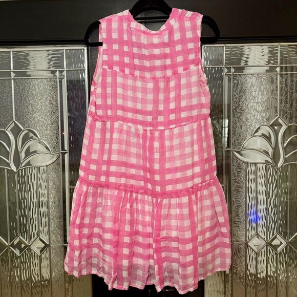 Oliphant Pink and White Gingham Yoke Tiered Button Neck Dress Size Medium - Picture 7 of 9